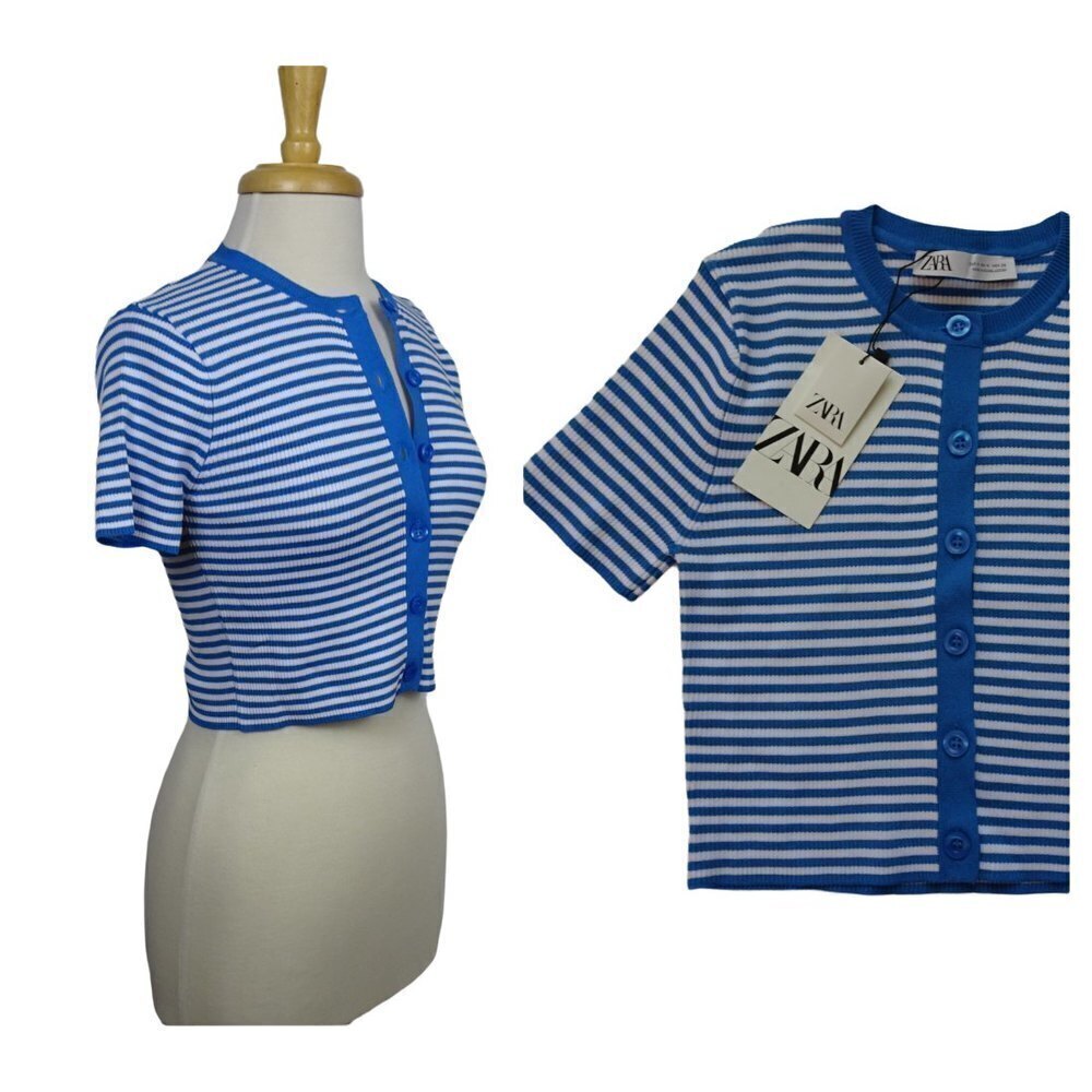ZARA Button-Front Sweater Striped Cropped Shrug Top Blue White Stretch M NWT